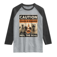 Retro Neil the Seal Caution Chaos in Blubber Raglan Shirt Funny Viral Chaotic Elephant Seal Traffic Cone Meme