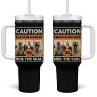 Retro Neil the Seal Caution Chaos in Blubber Tumbler With Handle Funny Viral Chaotic Elephant Seal Traffic Cone Meme