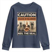 Retro Neil the Seal Caution Chaos in Blubber Youth Sweatshirt Funny Viral Chaotic Elephant Seal Traffic Cone Meme
