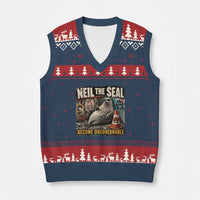 Edgy Neil the Seal Become Ungovernable Graffiti Graphic V-Neck Knit Sweater Vest Sarcastic Rebel Viral Chaotic Elephant Seal Sunglasses Meme