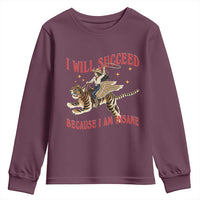 Vintage Western Cowgirl Riding Winged Tiger Graphic Youth Sweatshirt I Will Succeed Because I Am Insane Chaotic Motivation Meme