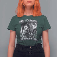 Funny Alpha Wolf Meme T Shirt For Women Hide Your Wife The Alpha Is Here Humorous Cringe - Wonder Print Shop