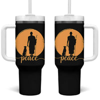 Monk and Dog Silhouette Peace Tumbler With Handle Spiritual Walk for Peace Sunset - Wonder Print Shop