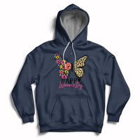 Women's navy butterfly graphic hoodie with hood, drawstrings, and kangaroo pocket.