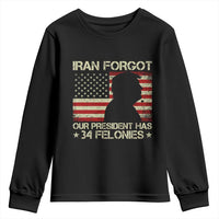 Iran Forgot Our President Has 34 Felonies Youth Sweatshirt Funny Political Satire Patriotic Flag