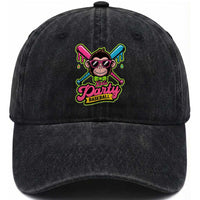 Lets Party Baseball Monkey Game Day Washed Cotton Baseball Cap Neon Dripping Bats Funny Baseball Fan Party Ball