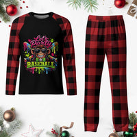 Lets Party Baseball Monkey Neon Dripping Graphic Plaid Pajama Set Funny Ball Party Game Day Fans