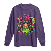 Lets Party Baseball Monkey Neon Dripping Graphic Long Sleeve Shirt Funny Ball Party Game Day Fans