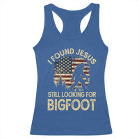 I Found Jesus Still Looking for Bigfoot Patriotic Racerback Tank Top American Flag Christian Religious Sasquatch Vintage