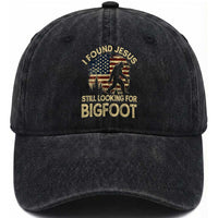 I Found Jesus Still Looking for Bigfoot Patriotic Washed Cotton Baseball Cap American Flag Christian Religious Sasquatch Vintage