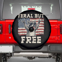Feral But Free Funny Raccoon Patriotic Spare Tire Cover Cool American Flag Sunglasses Rock On Hand Signs Vintage USA Flag