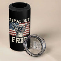 Feral But Free Funny Raccoon Patriotic 4 in 1 Can Cooler Tumbler Cool American Flag Sunglasses Rock On Hand Signs Vintage USA Flag
