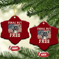 Feral But Free Funny Raccoon Patriotic Ceramic Ornament Cool American Flag Sunglasses Rock On Hand Signs Vintage USA Flag