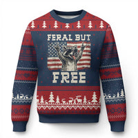 Feral But Free Funny Raccoon Patriotic Ugly Christmas Sweater Cool American Flag Sunglasses Rock On Hand Signs Vintage USA Flag