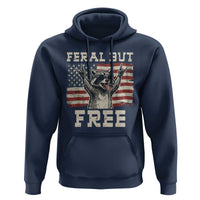 Feral But Free Funny Raccoon Patriotic Hoodie Cool American Flag Sunglasses Rock On Hand Signs Vintage USA Flag