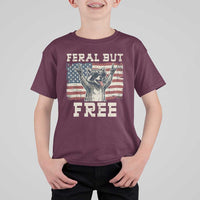 Feral But Free Funny Raccoon Patriotic T Shirt For Kid Cool American Flag Sunglasses Rock On Hand Signs Vintage USA Flag