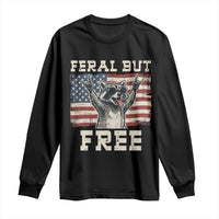 Feral But Free Funny Raccoon Patriotic Long Sleeve Shirt Cool American Flag Sunglasses Rock On Hand Signs Vintage USA Flag