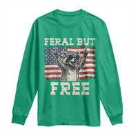 Feral But Free Funny Raccoon Patriotic Long Sleeve Shirt Cool American Flag Sunglasses Rock On Hand Signs Vintage USA Flag