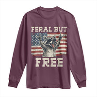 Feral But Free Funny Raccoon Patriotic Long Sleeve Shirt Cool American Flag Sunglasses Rock On Hand Signs Vintage USA Flag