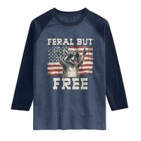Feral But Free Funny Raccoon Patriotic Raglan Shirt Cool American Flag Sunglasses Rock On Hand Signs Vintage USA Flag