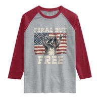 Feral But Free Funny Raccoon Patriotic Raglan Shirt Cool American Flag Sunglasses Rock On Hand Signs Vintage USA Flag