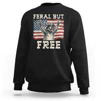 Feral But Free Funny Raccoon Patriotic Sweatshirt Cool American Flag Sunglasses Rock On Hand Signs Vintage USA Flag