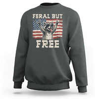 Feral But Free Funny Raccoon Patriotic Sweatshirt Cool American Flag Sunglasses Rock On Hand Signs Vintage USA Flag