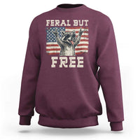 Feral But Free Funny Raccoon Patriotic Sweatshirt Cool American Flag Sunglasses Rock On Hand Signs Vintage USA Flag