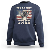 Feral But Free Funny Raccoon Patriotic Sweatshirt Cool American Flag Sunglasses Rock On Hand Signs Vintage USA Flag