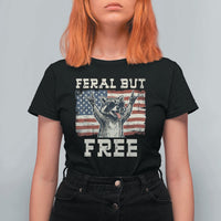Feral But Free Funny Raccoon Patriotic T Shirt For Women Cool American Flag Sunglasses Rock On Hand Signs Vintage USA Flag