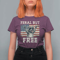 Feral But Free Funny Raccoon Patriotic T Shirt For Women Cool American Flag Sunglasses Rock On Hand Signs Vintage USA Flag