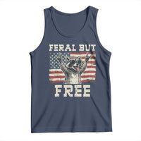Feral But Free Funny Raccoon Patriotic Tank Top Cool American Flag Sunglasses Rock On Hand Signs Vintage USA Flag
