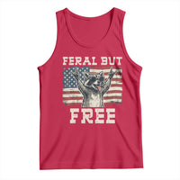 Feral But Free Funny Raccoon Patriotic Tank Top Cool American Flag Sunglasses Rock On Hand Signs Vintage USA Flag