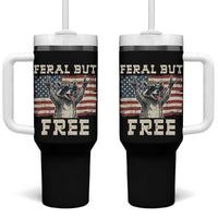 Feral But Free Funny Raccoon Patriotic Tumbler With Handle Cool American Flag Sunglasses Rock On Hand Signs Vintage USA Flag