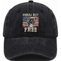 Feral But Free Funny Raccoon Patriotic Washed Cotton Baseball Cap Cool American Flag Sunglasses Rock On Hand Signs Vintage USA Flag