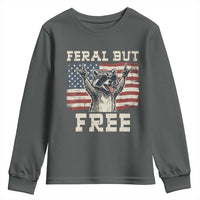Feral But Free Funny Raccoon Patriotic Youth Sweatshirt Cool American Flag Sunglasses Rock On Hand Signs Vintage USA Flag