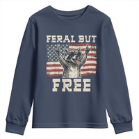 Feral But Free Funny Raccoon Patriotic Youth Sweatshirt Cool American Flag Sunglasses Rock On Hand Signs Vintage USA Flag