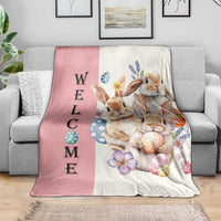 Easter Bunny Welcome Throw Blanket Cute Watercolor Rabbits with Eggs & Flowers, Spring Yard Decor