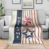 American Patriotic Welcome Throw Blanket US Flag Red White & Blue Stars, Rustic 4th of July Outdoor Decor