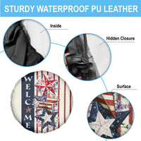 American Patriotic Welcome Spare Tire Cover US Flag Red White & Blue Stars Rustic 4th of July