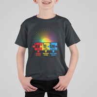 Kids black crew-neck T-shirt with colorful rainbow burst and element puzzle graphic