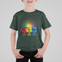 Kids dark forest green crew-neck T-shirt with colorful rainbow burst and element puzzle graphic