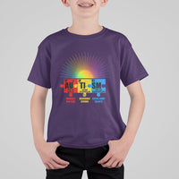 Kids purple crew-neck T-shirt with colorful rainbow burst and element puzzle graphic