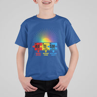 Kids royal blue crew-neck T-shirt with colorful rainbow burst and element puzzle graphic