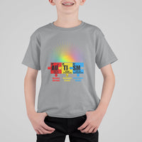 Kids sport gray crew-neck T-shirt with colorful rainbow burst and element puzzle graphic