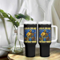 Music Give Us This Day Our Daily Shred Tumbler With Handle Funny Jesus Rock Guitar Meme