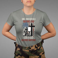 Female Veteran T Shirt She Who Kneels Before God Can Stand Before Anyone Strong Women - Wonder Print Shop