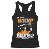 WKRP Turkey Drop with Les Nessman Racerback Tank Top Retro Thanksgiving Humor for Classic TV Fans - Wonder Print Shop