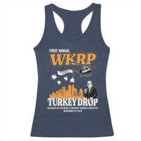 WKRP Turkey Drop with Les Nessman Racerback Tank Top Retro Thanksgiving Humor for Classic TV Fans - Wonder Print Shop