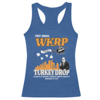 WKRP Turkey Drop with Les Nessman Racerback Tank Top Retro Thanksgiving Humor for Classic TV Fans - Wonder Print Shop
